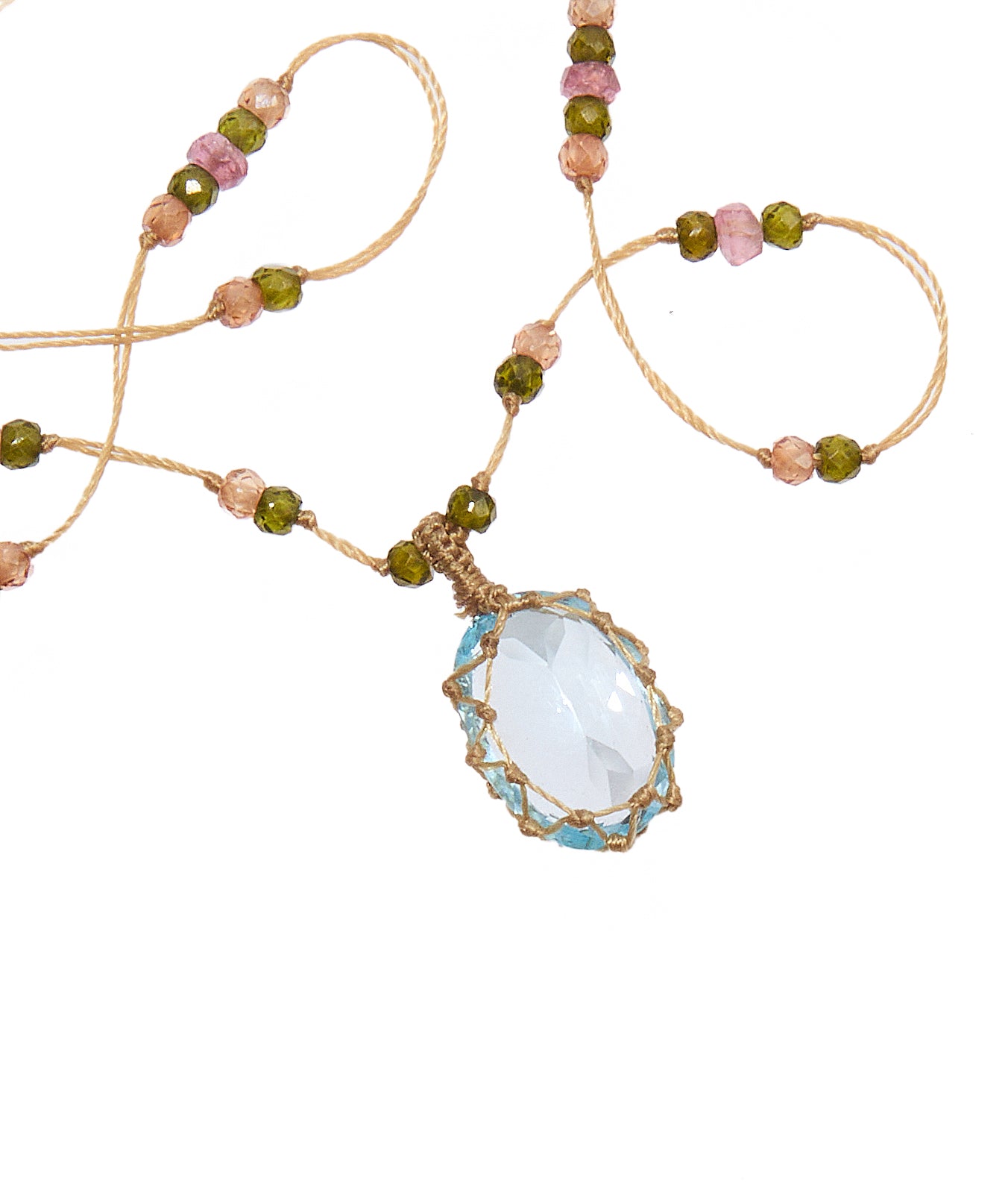 So Precious Short Tibetan Necklace - Blue Fluorite - Mix Tsavorite - Tobacco Thread