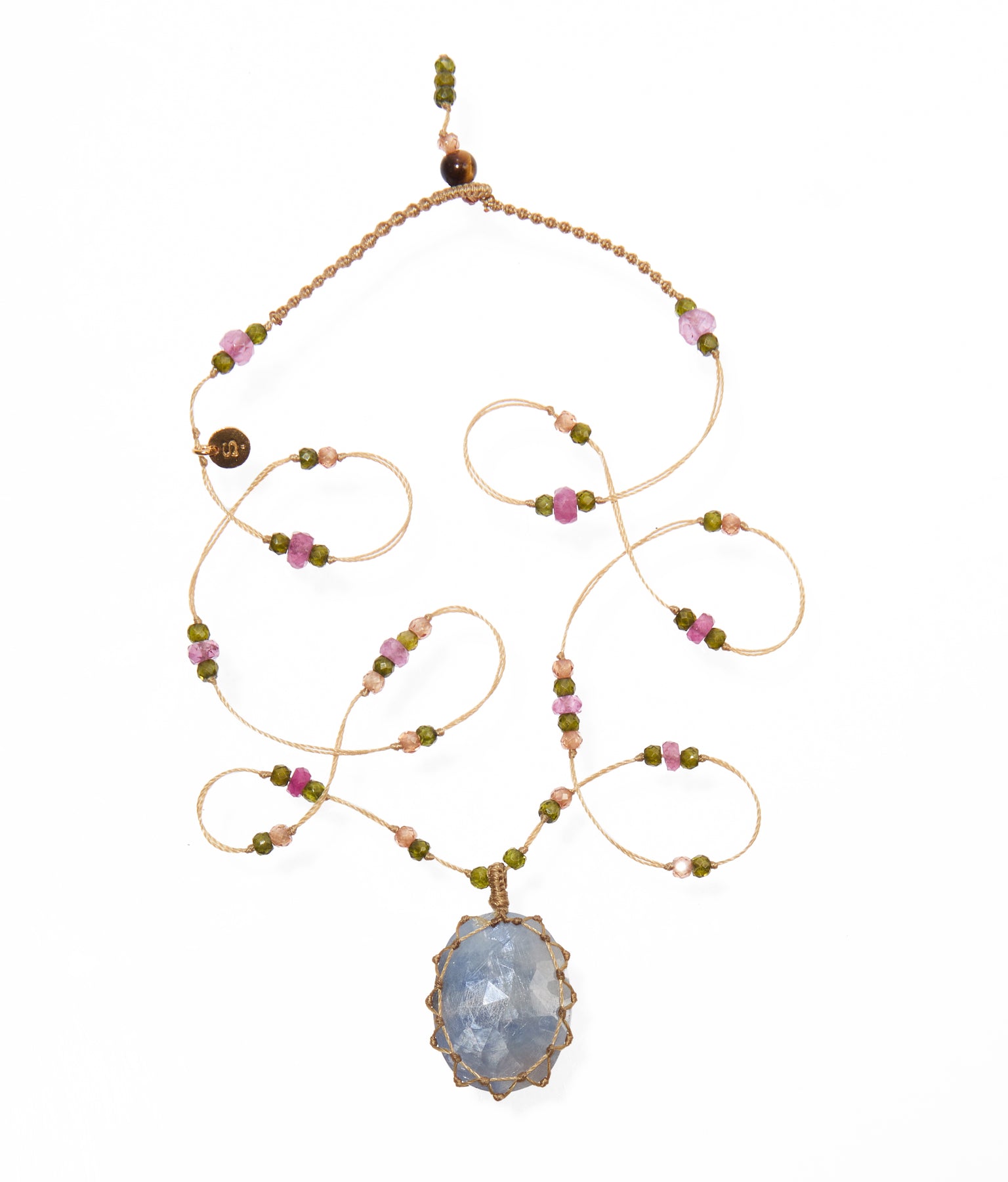 Tibetan Short Necklace - Blue Corundum - Emerald Mix - Tobacco Thread