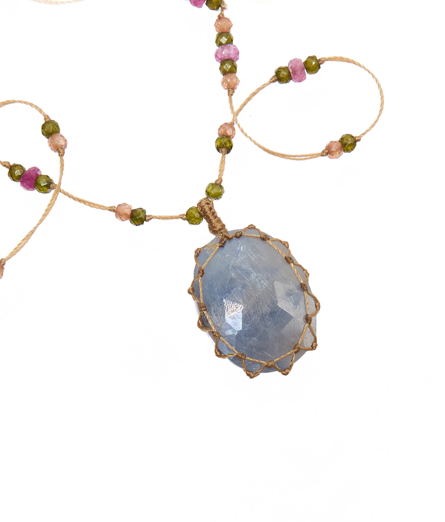 Tibetan Short Necklace - Blue Corundum - Emerald Mix - Tobacco Thread