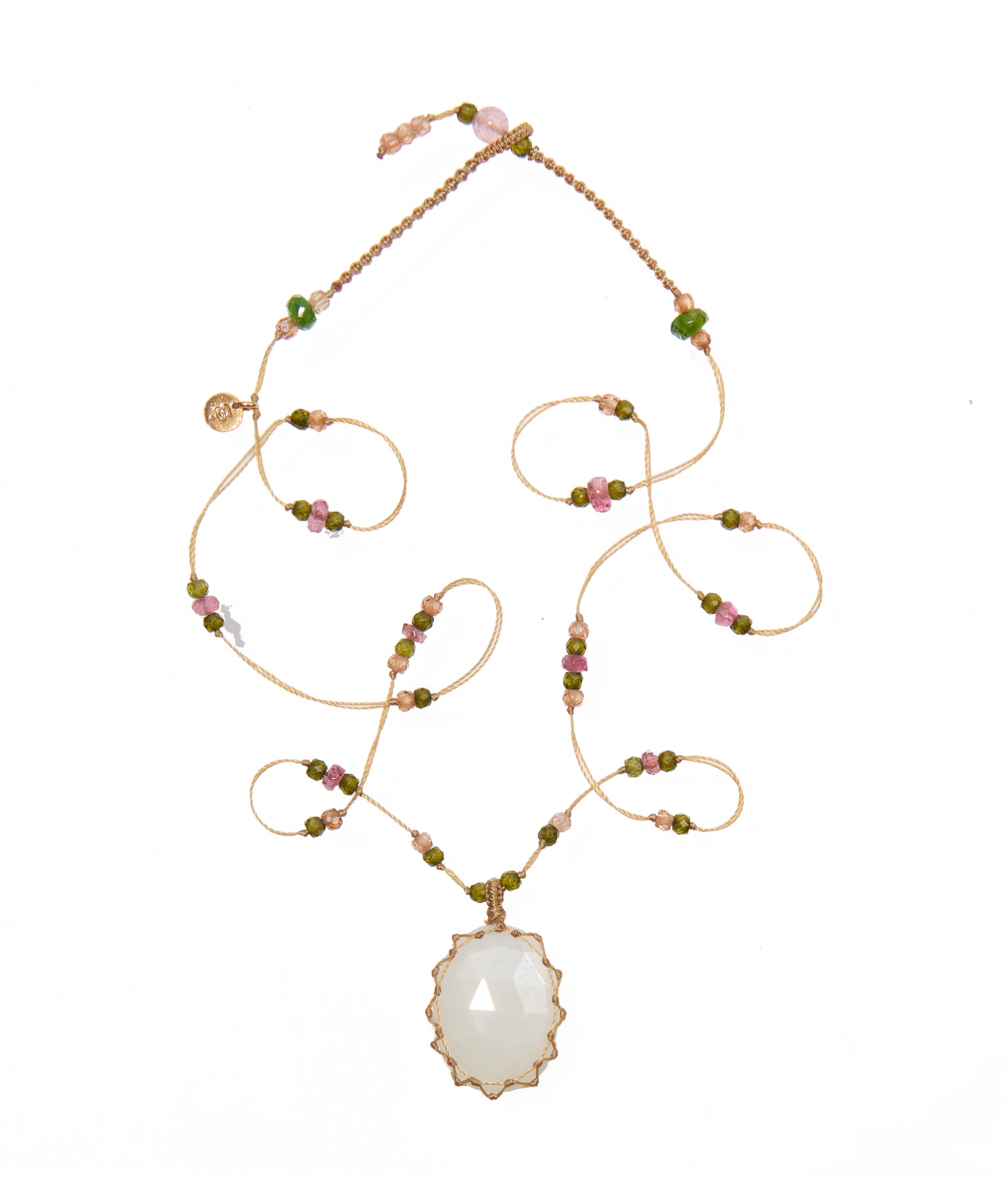 Short Tibetan Necklace - Rose Quartz - Mix Pink Tourmaline - Tobacco Thread