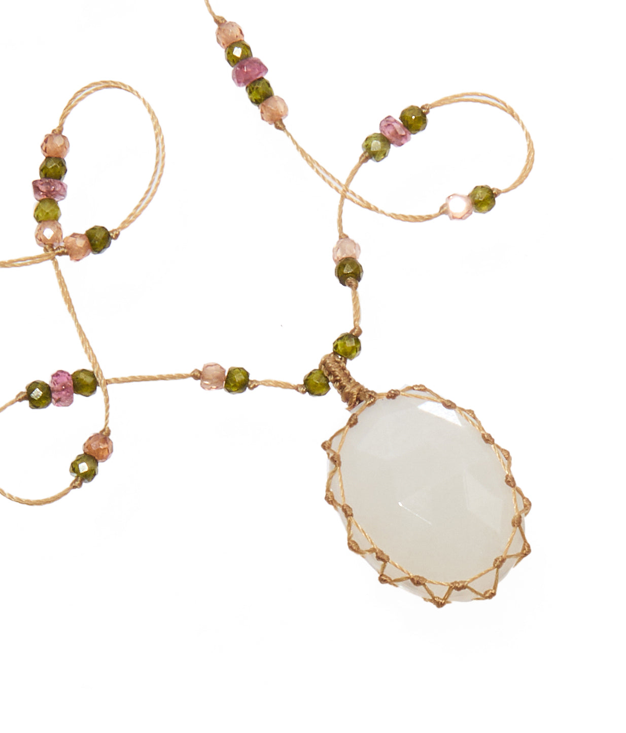 Short Tibetan Necklace - Rose Quartz - Mix Pink Tourmaline - Tobacco Thread