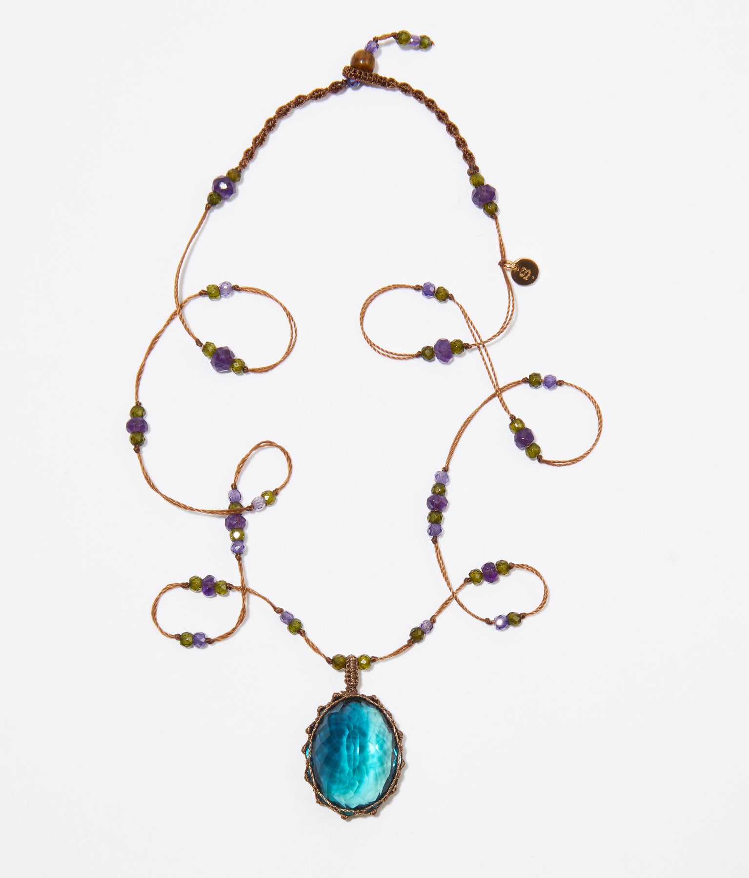 Tibetan Short Necklace - Blue Fluorite - Emerald Mix - Beige Thread