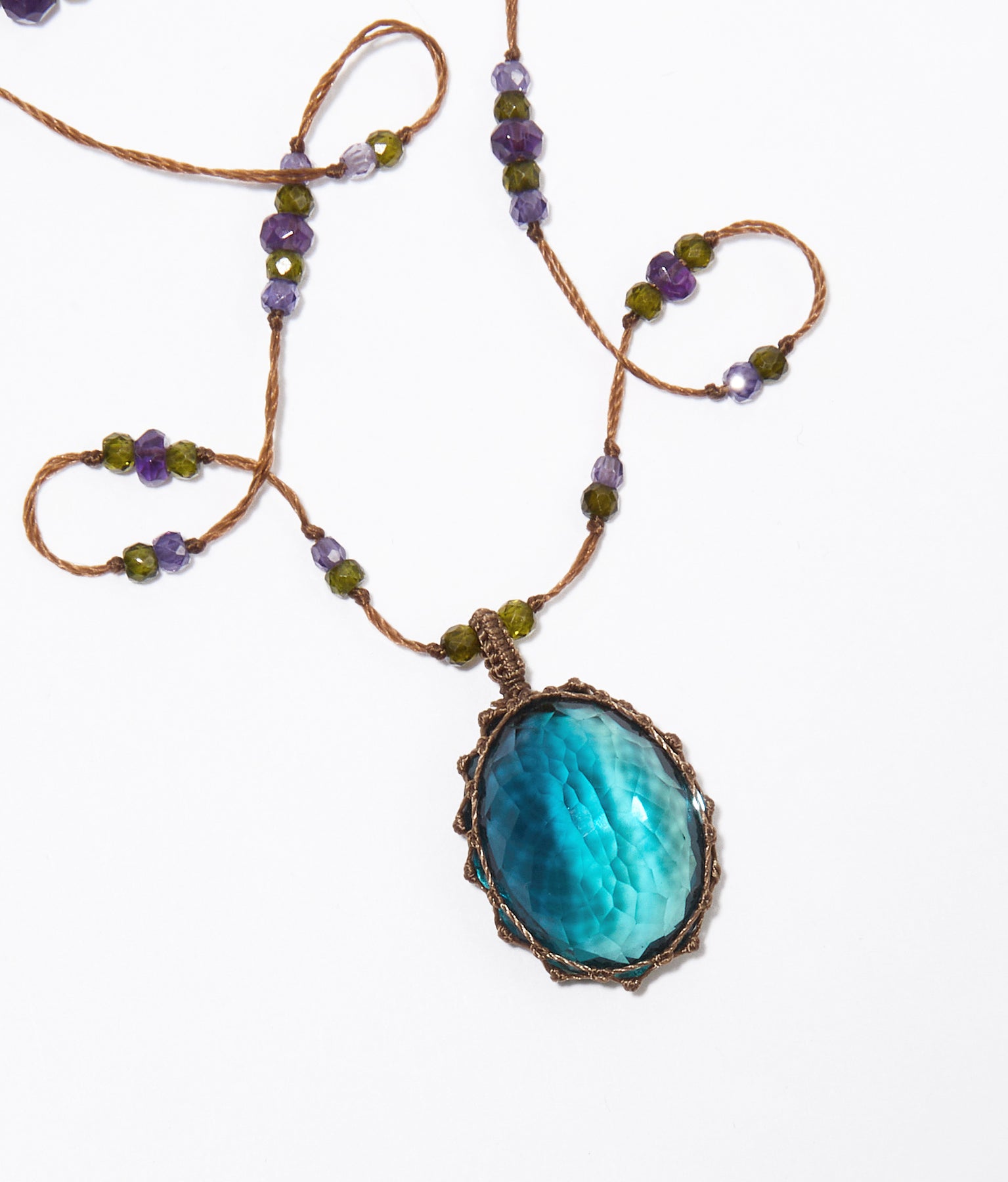 Tibetan Short Necklace - Blue Fluorite - Emerald Mix - Beige Thread