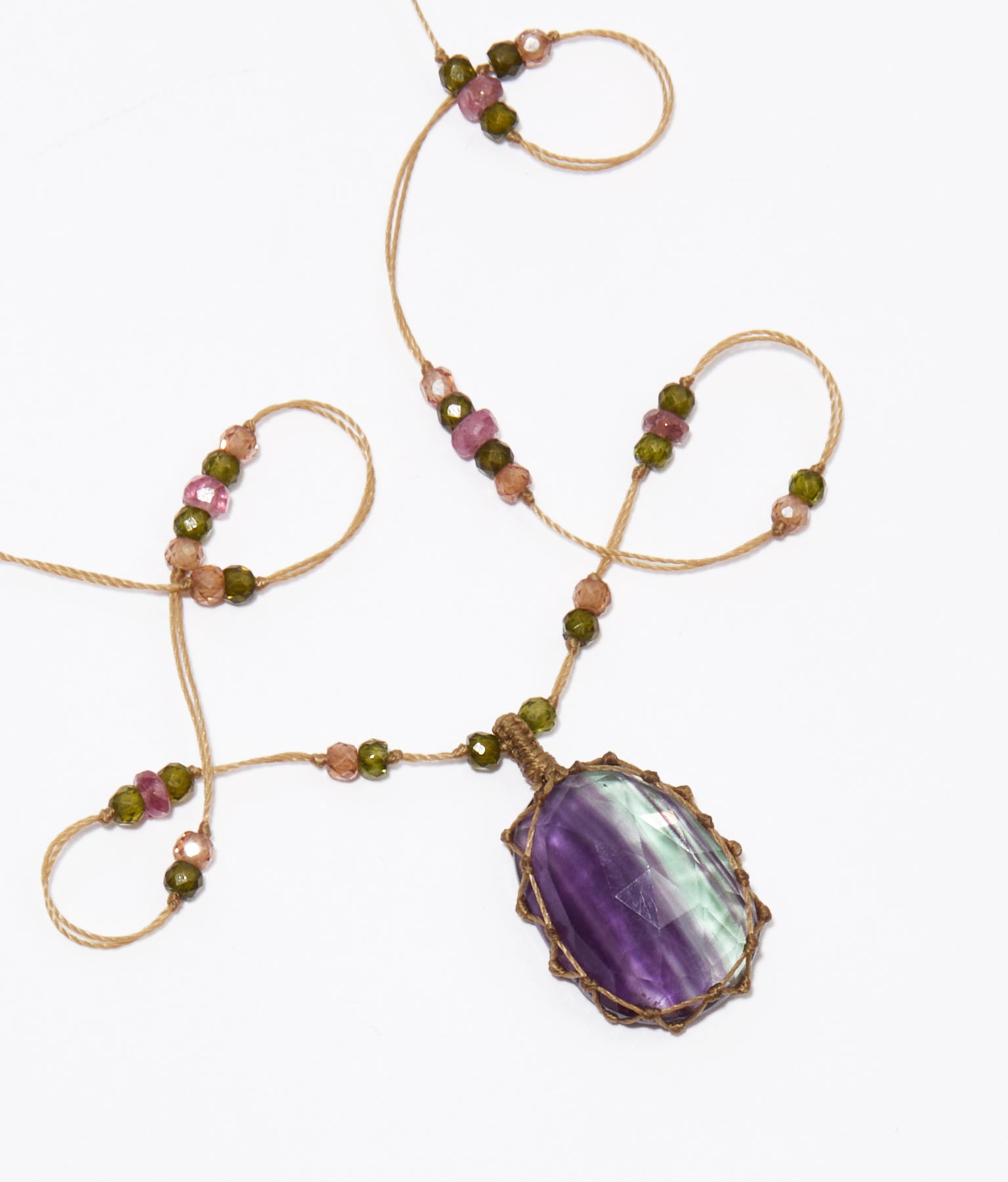 Tibetan Short Necklace - Rainbow Fluorite - Amethyst Mix - Beige Thread