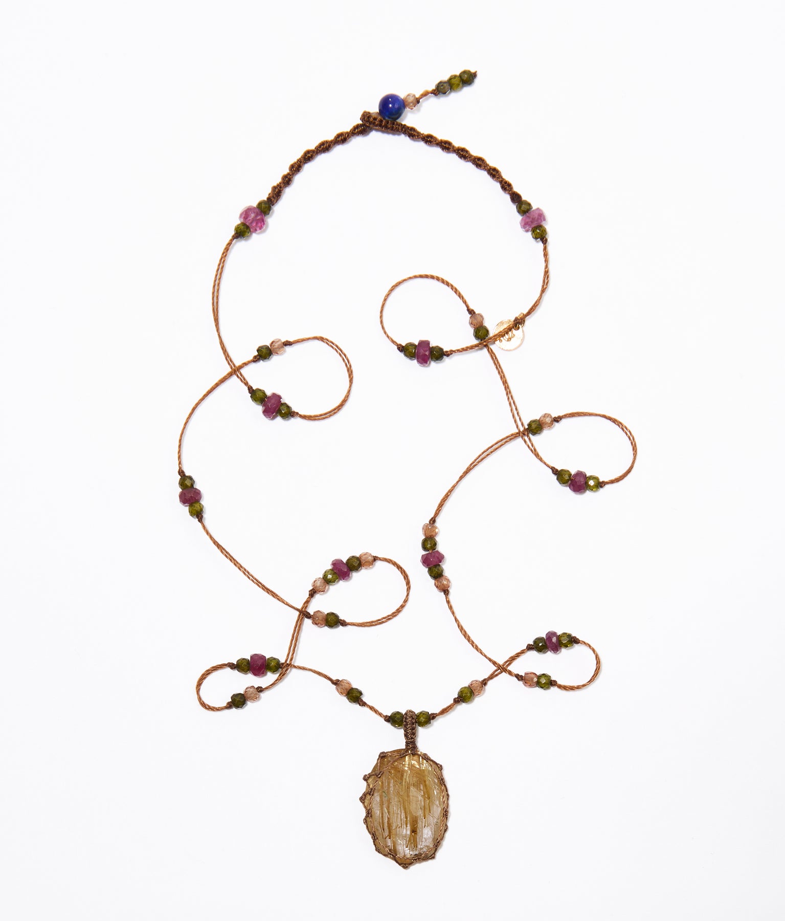 Tibetan Short Necklace - Gold Rutile Quartz - Mix Pink Tourmaline - Tobacco Thread