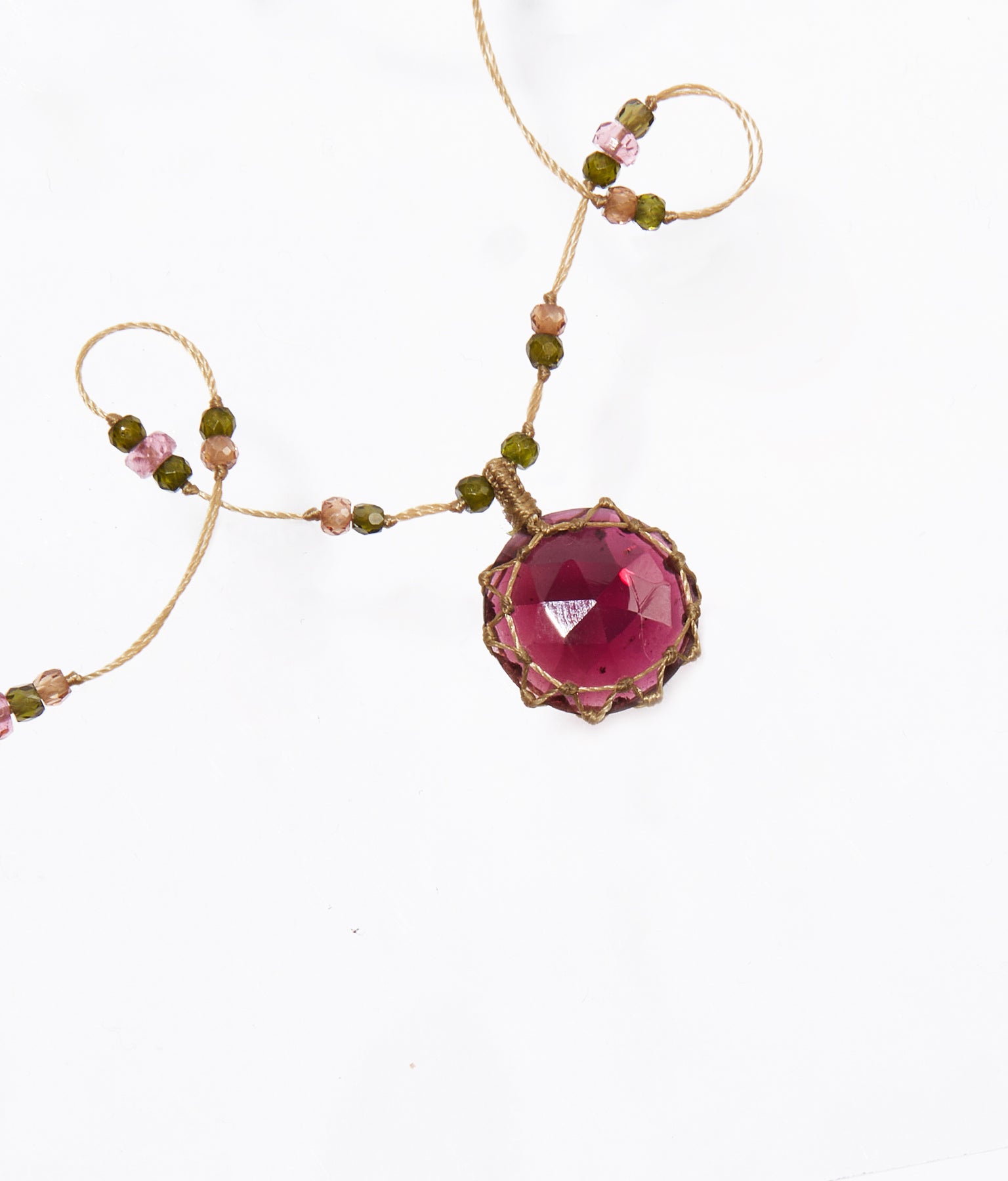 Collier Court Tibétain - Rhodolite - Mix Tourmaline - Fil Beige