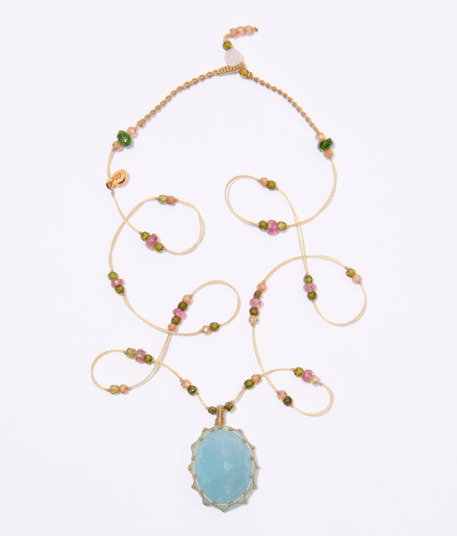 Short Tibetan Necklace - Aquamarine - Mix Tsavorite - Beige Thread