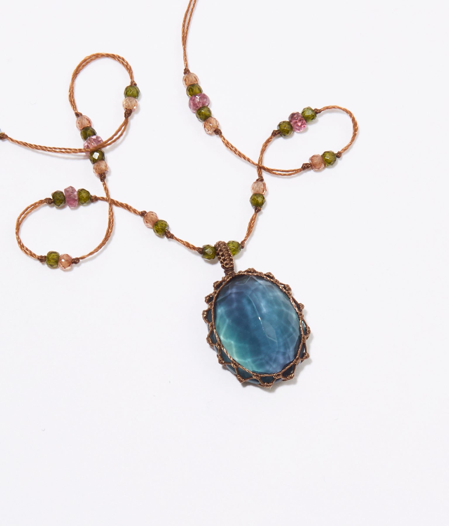 Tibetan Short Necklace - Blue Fluorite - Emerald Mix - Beige Thread