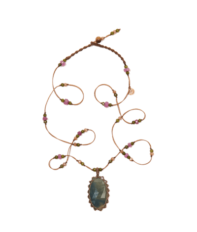 Short Tibetan Necklace - Green Corundum - Mixed Tourmaline - Tobacco-Brown Cord