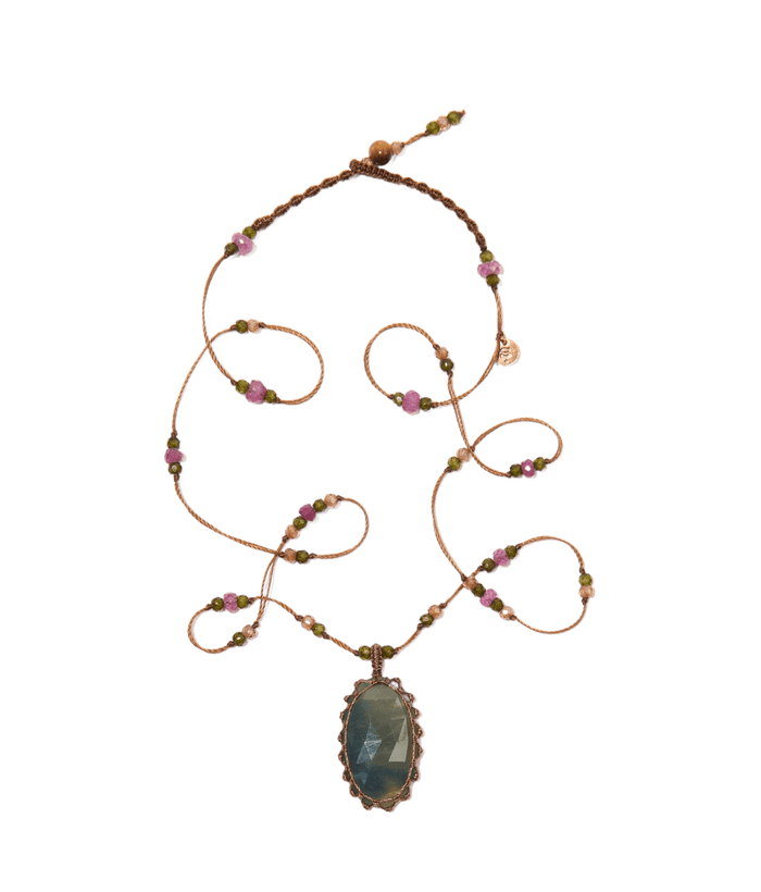Collier Court Tibétain - Corundum Grün - Mix Tourmaline - Tabakfarbenes Band