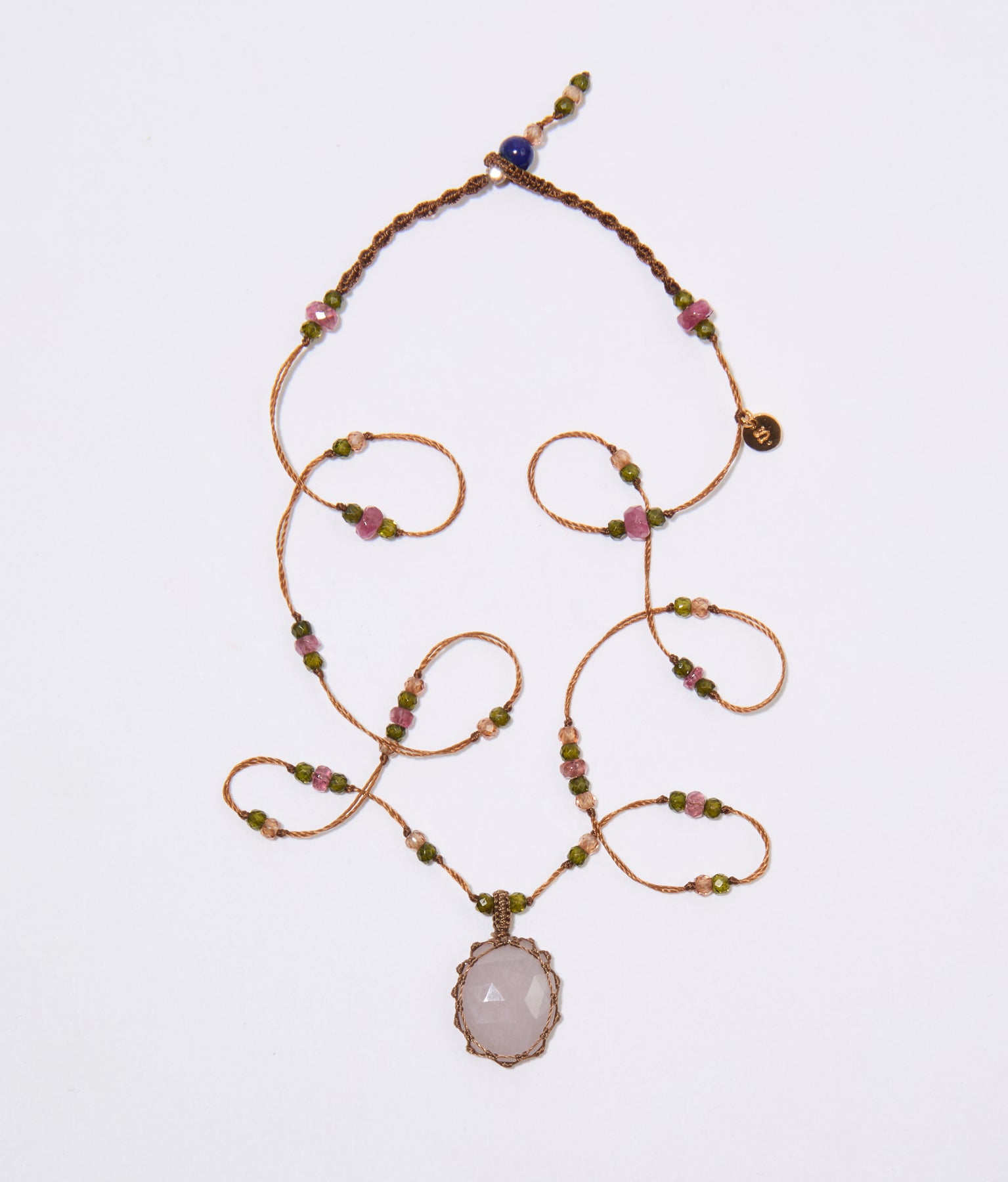 Short Tibetan Necklace - Brown Corundum - Mix Pink Tourmaline - Tobacco Thread