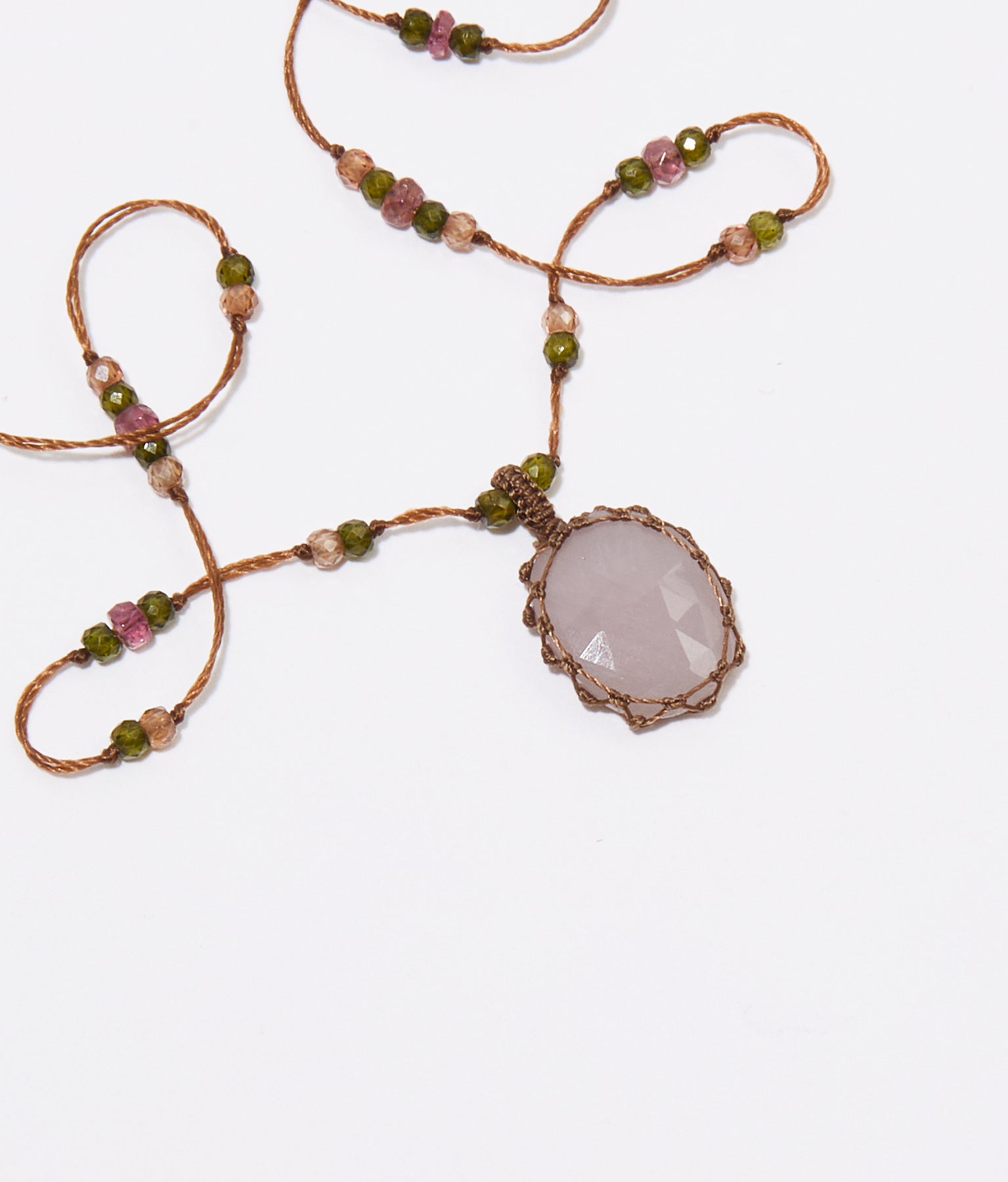 Short Tibetan Necklace - Brown Corundum - Mix Pink Tourmaline - Tobacco Thread