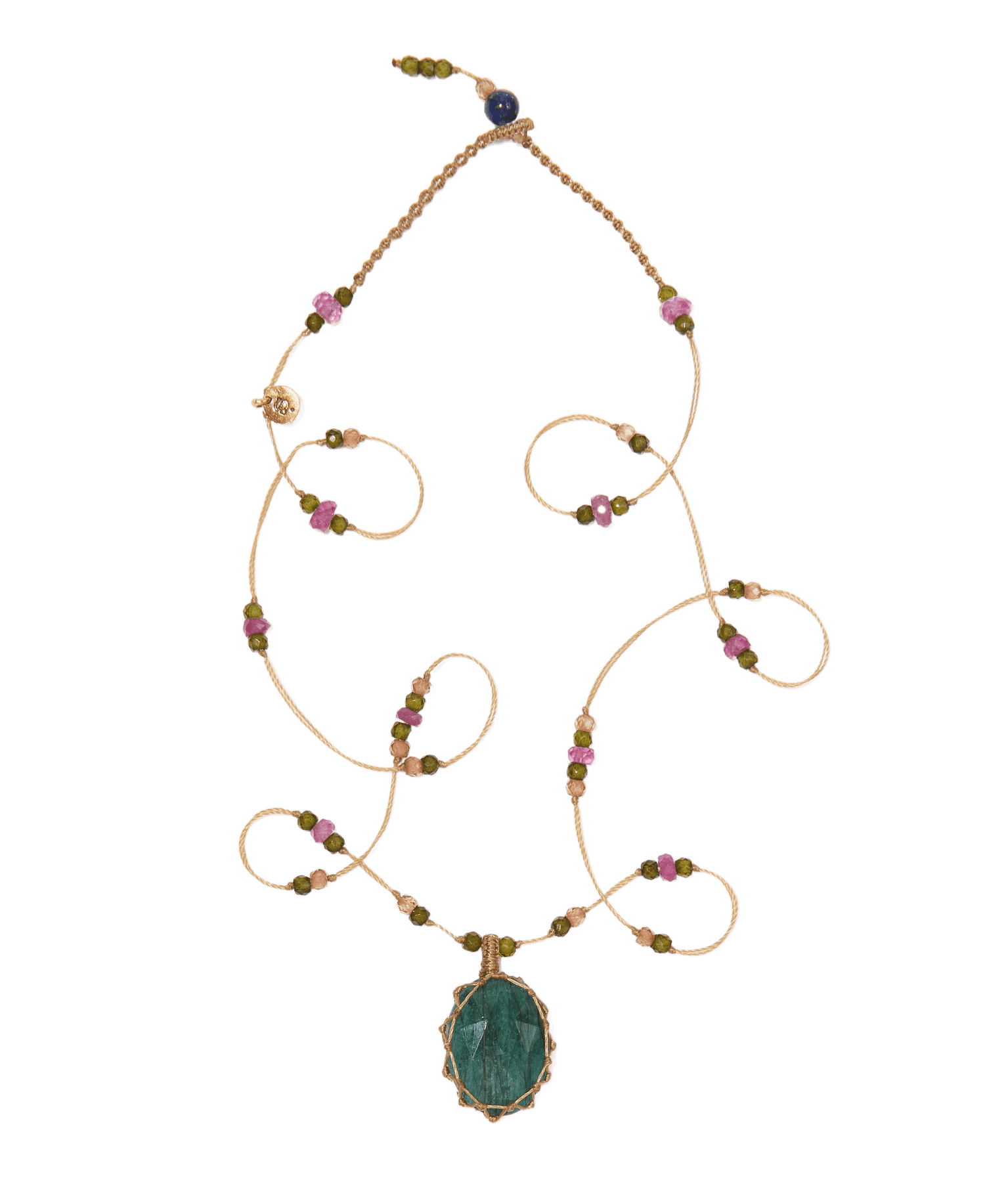 Collier Court Tibétain - Corundum Vert - Mix Tourmaline - Fil Beige