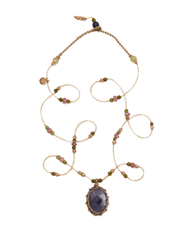 Short Tibetan Necklace - Blue Corundum - Mixed Tourmaline - Beige Thread