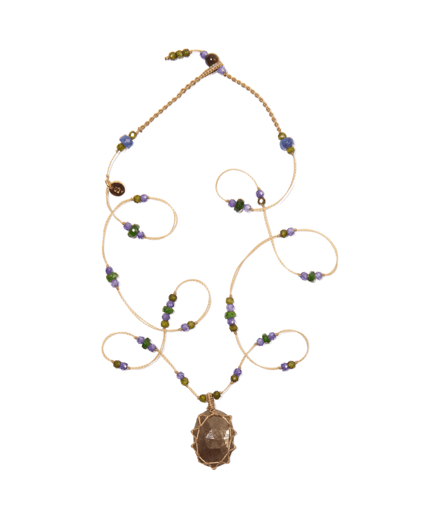 Collier Court Tibétain - Corundum Marron - Mix Tsavorite - Fil Beige