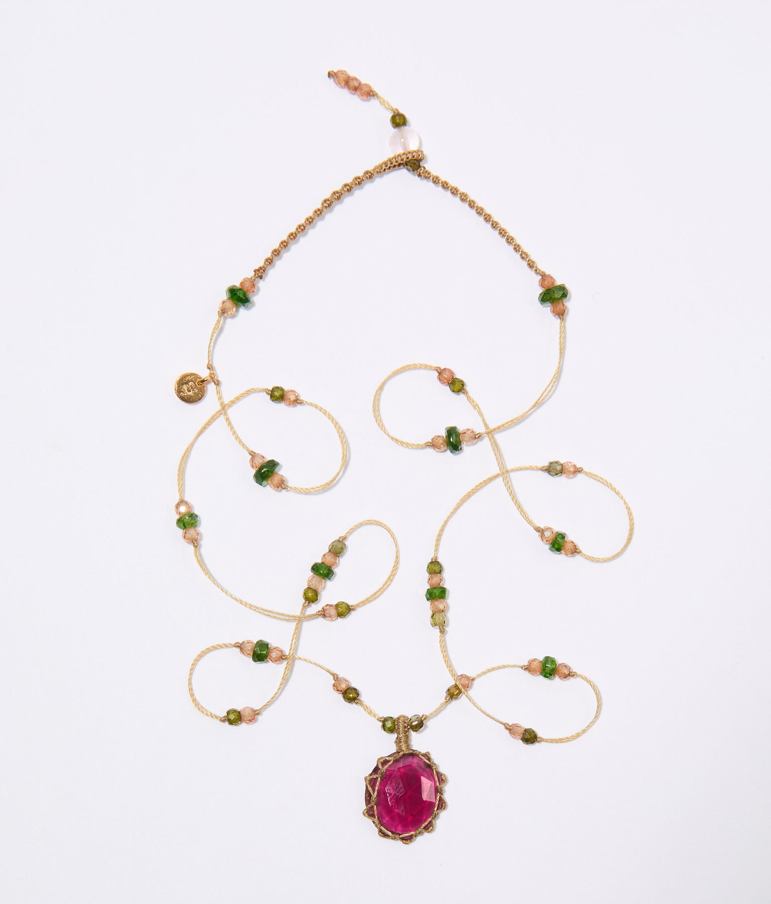 Collier Court Tibétain - Rhodolite - Mix Tsavorite - Fil Beige