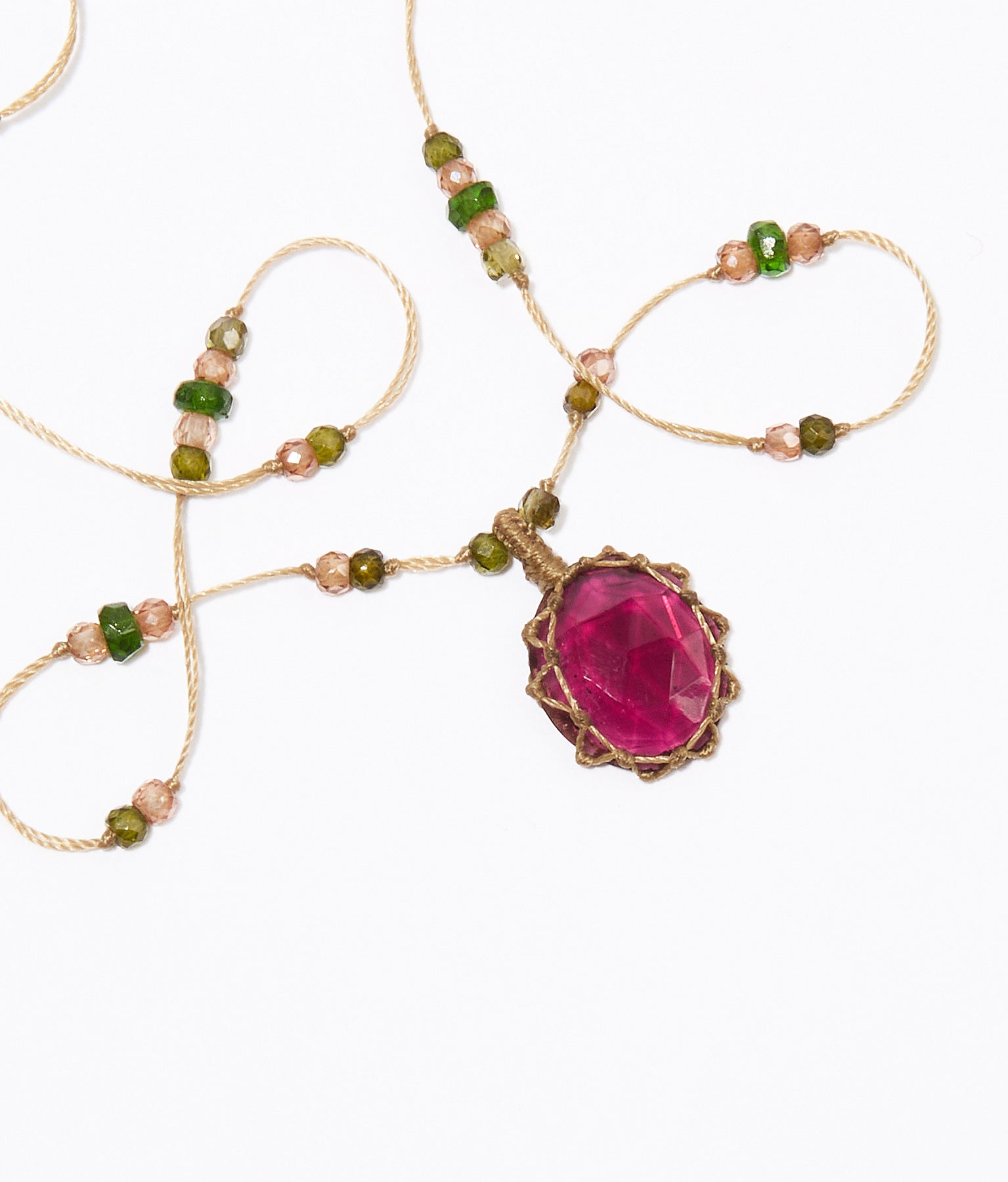 Collier Court Tibétain - Rhodolite - Mix Tsavorite - Fil Beige