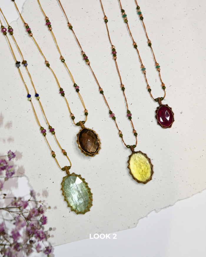 Sautoir Tibétain - Olive Quartz - Mix Tourmaline Rose - Fil Tabac
