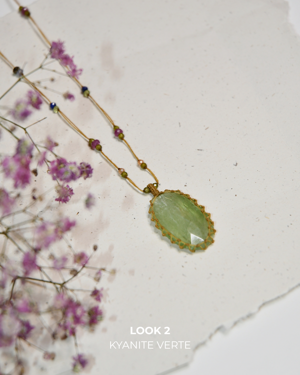 Tibetan Necklace - Aqua Kyanite - Mixed Tourmaline - Beige Thread