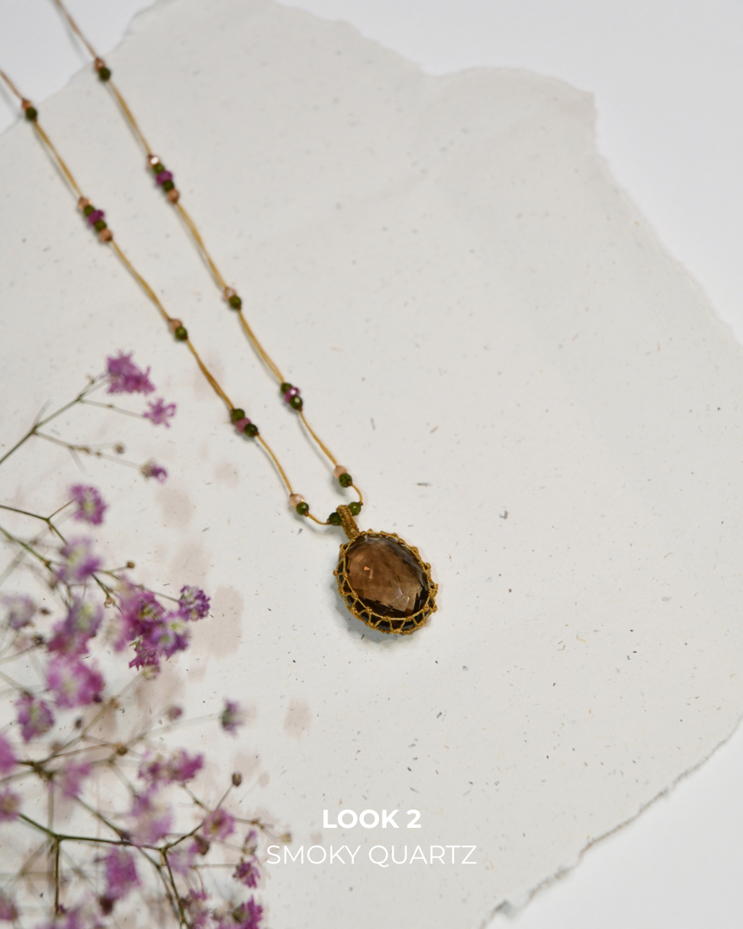 Collier court tibétain – Smoky Quartz – Mix Tourmaline Rose – Fil Beige