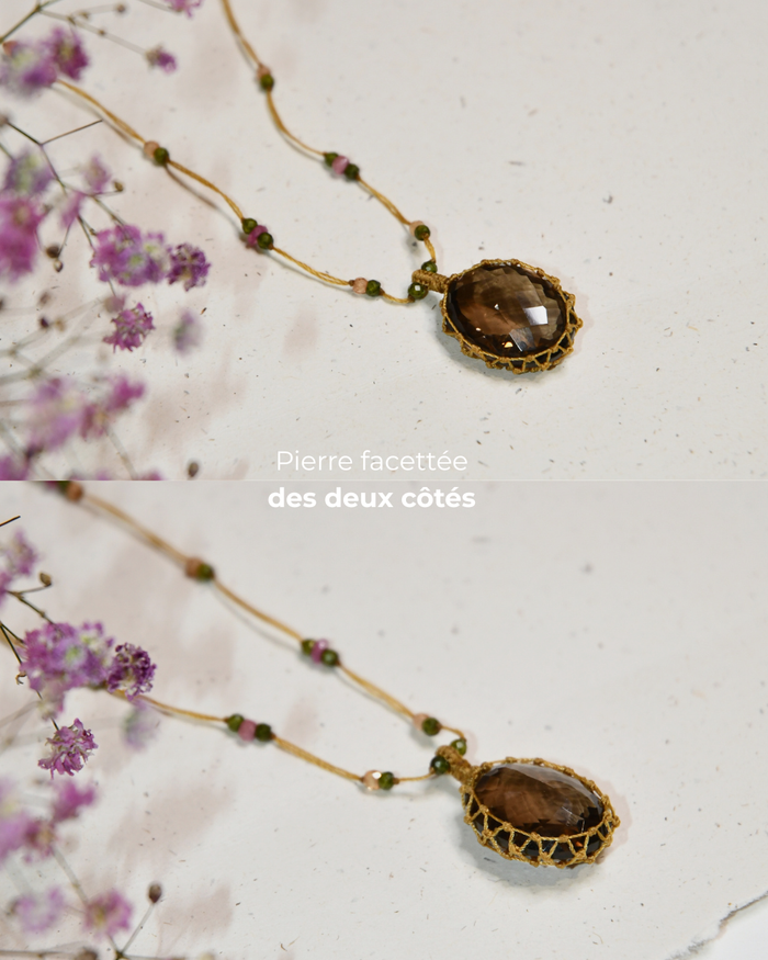 Collier court tibétain – Smoky Quartz – Mix Tourmaline Rose – Fil Beige