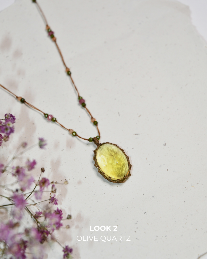 Sautoir Tibétain - Olive Quartz - Mix Tourmaline Rose - Fil Tabac