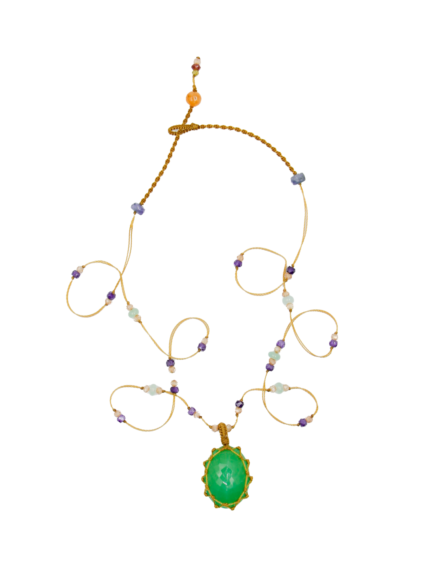 Tibetan Short Necklace - Chrysoprase - Emerald Mix - Beige Thread
