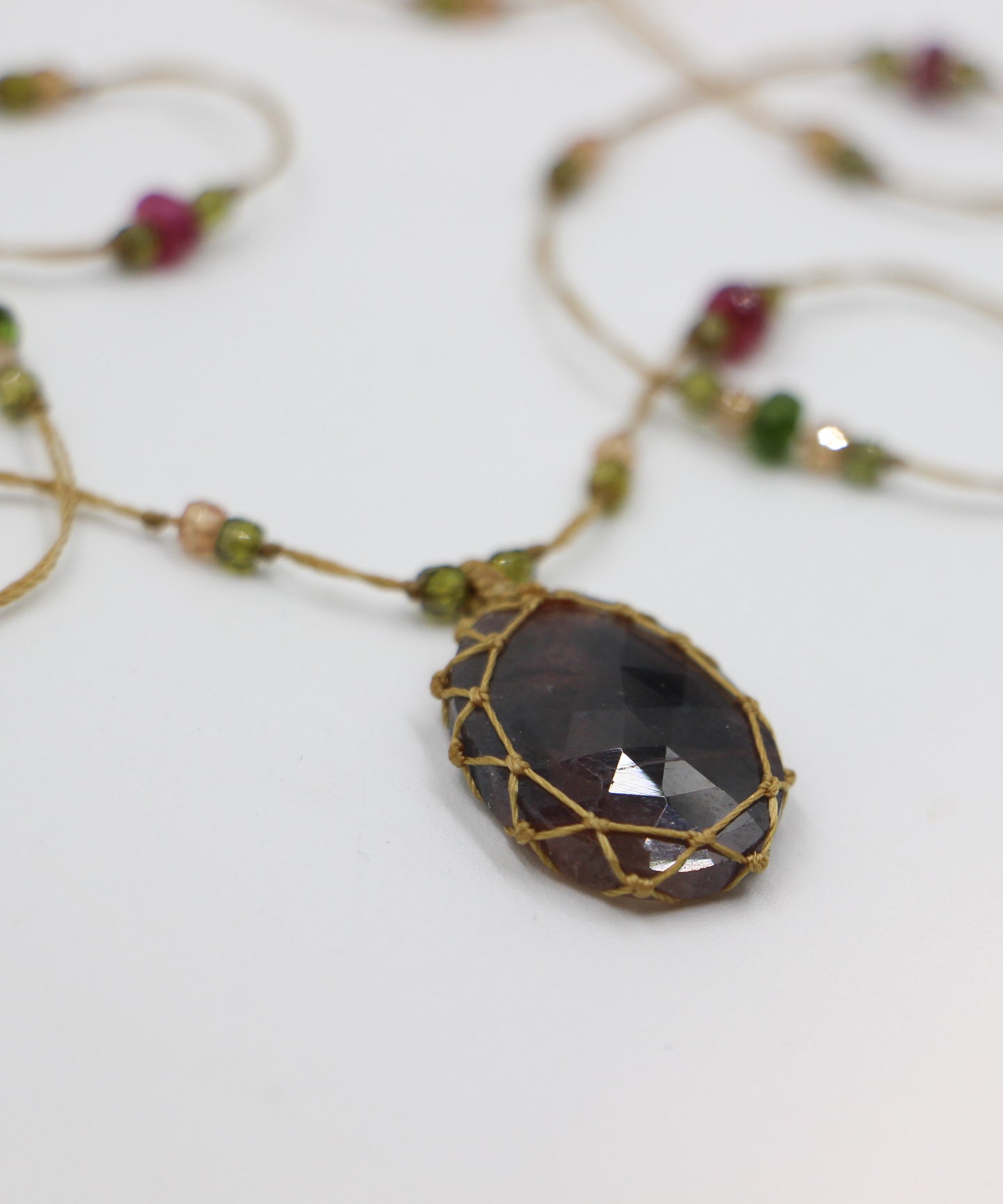 Tibetan Long Necklace - Brown Corundum - Mix Multi Stones - Beige Thread