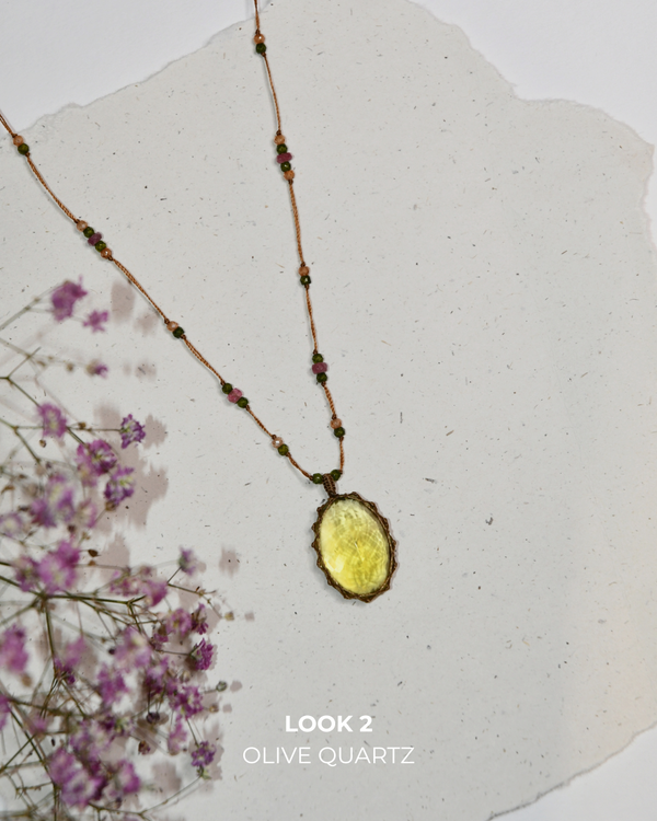 Sautoir Tibétain - Olive Quartz - Mix Tourmaline Rose - Fil Tabac