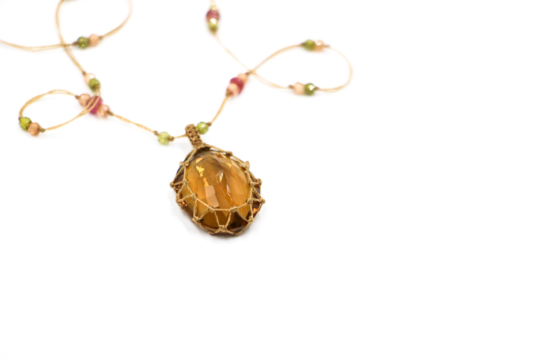 Tibetan Short Necklace - Honey Quartz - Carnelian Mix - Beige Thread