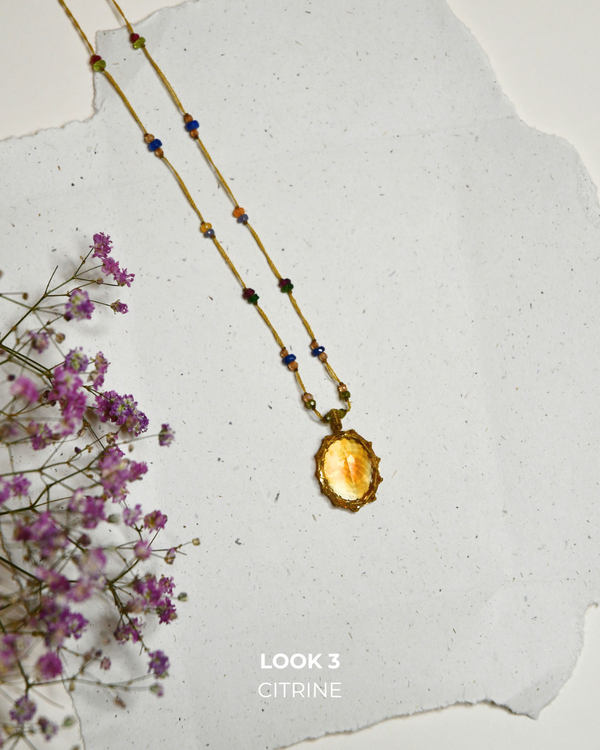 Sautoir tibétain - Citrine - Mix Tourmaline Rose - Fil Beige
