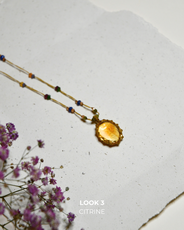 Sautoir tibétain - Citrine - Mix Tourmaline Rose - Fil Beige