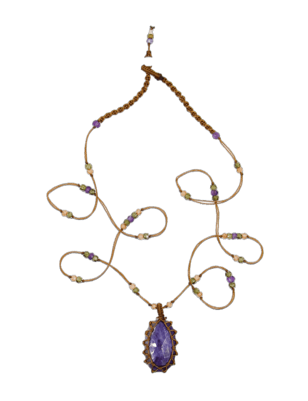 Collier Court Tibétain - Corundum Bleu - Mix Améthyste - Fil Tabac