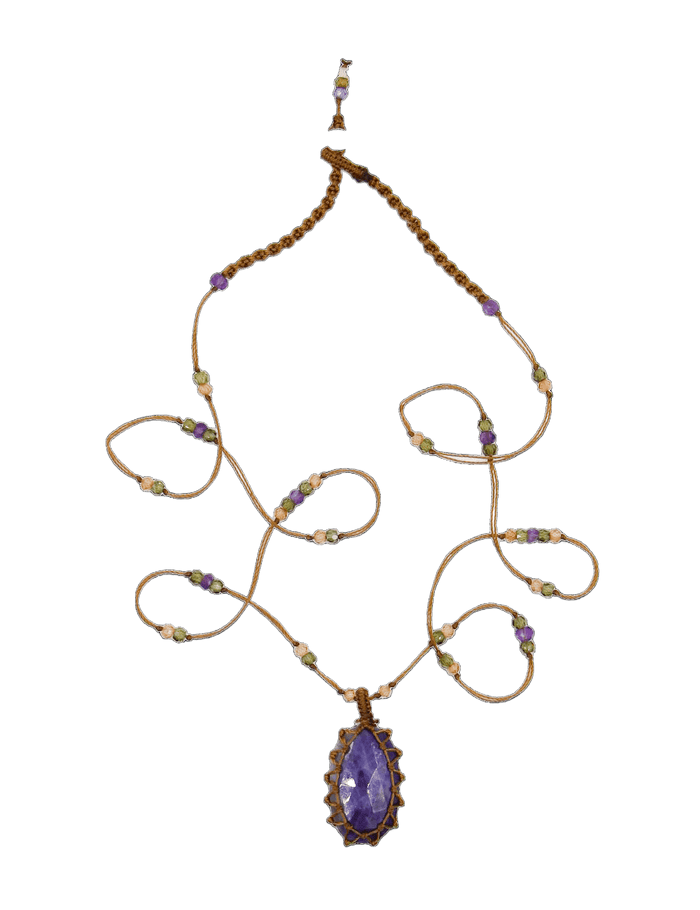 Collier Court Tibétain - Corundum Bleu - Mix Améthyste - Fil Tabac