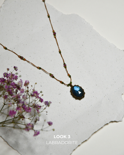 Sautoir Tibétain - Labradorite Feu Bleu - Mix Tourmaline - Fil Tabac