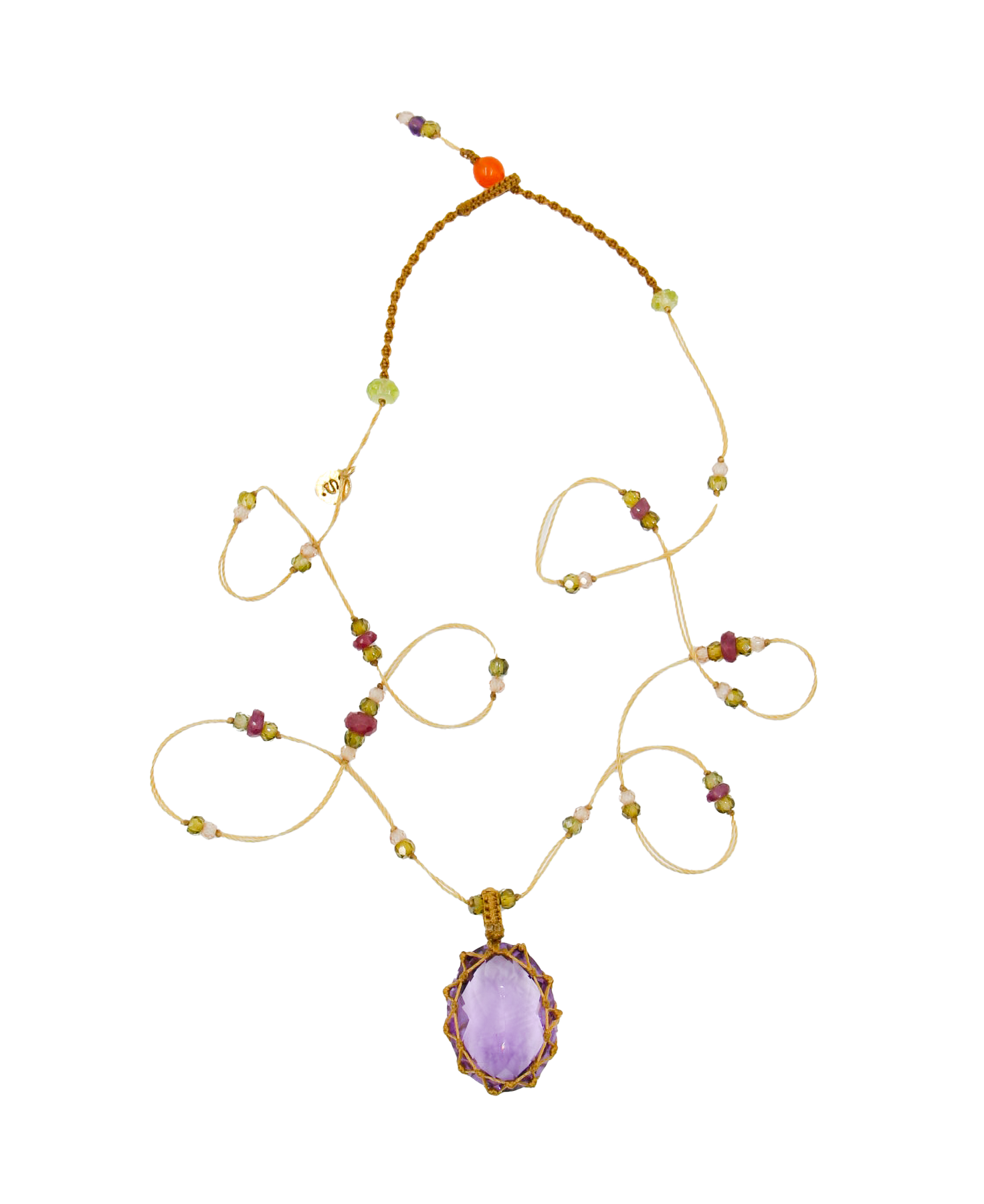 Short Tibetan Necklace - Light Violet Amethyst - Mix Pink Tourmaline - Beige Thread