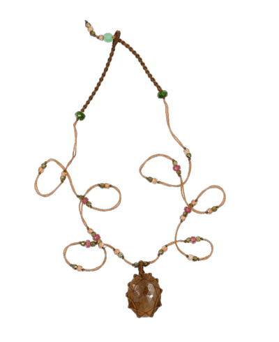 Tibetan Short Necklace - Brown Corundum - Rose Tourmaline Mix - Tobacco Thread