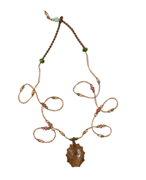 Collier Court Tibétain - Corundum Marron - Mix Tourmaline Rose - Fil Tabac