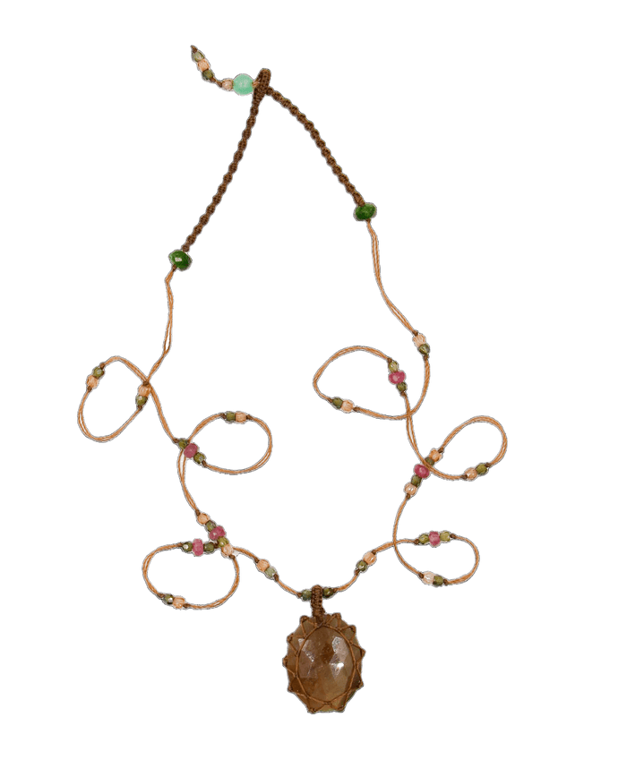 Collier Court Tibétain - Corundum Marron - Mix Tourmaline Rose - Fil Tabac