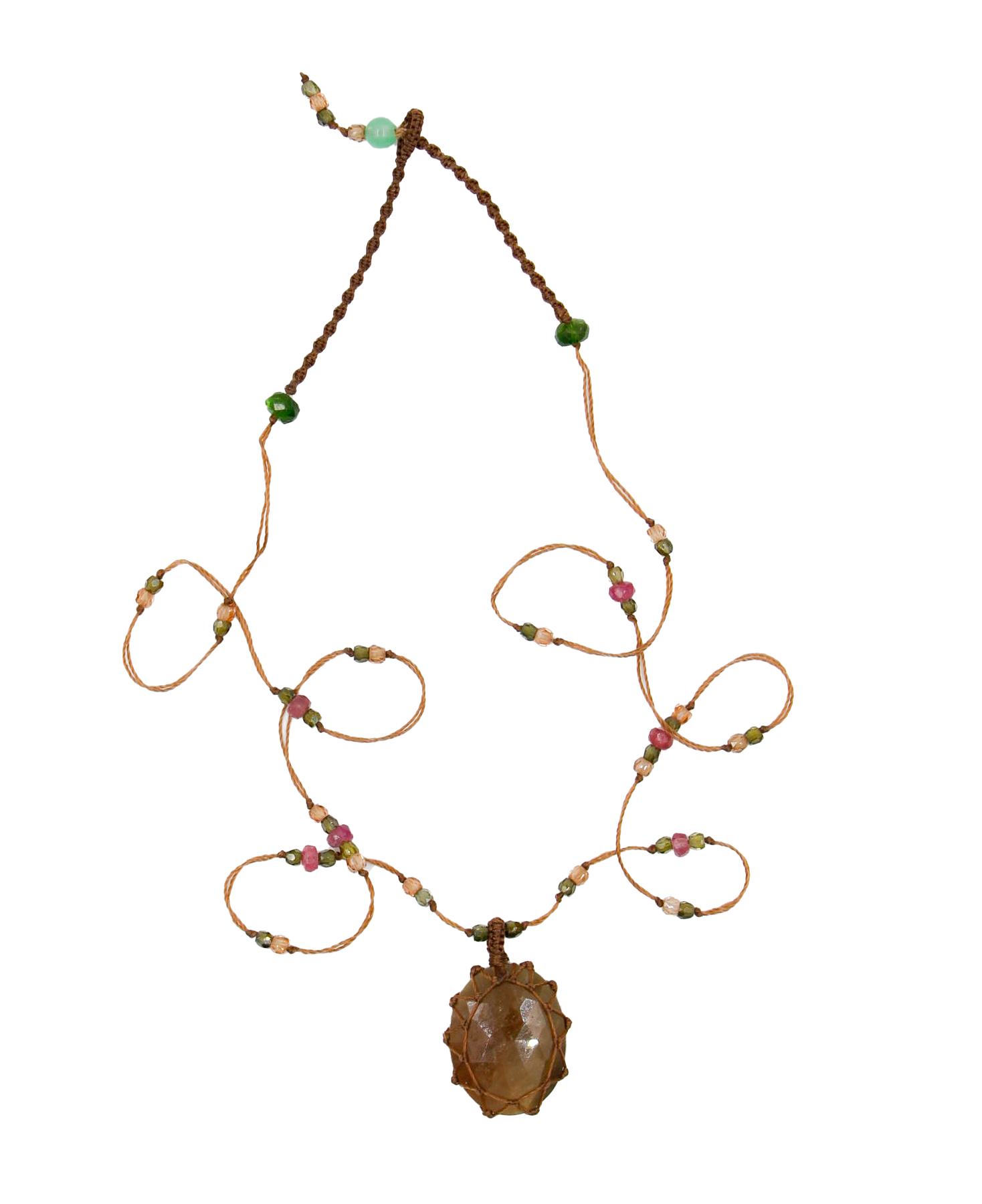 Short Tibetan Necklace - Brown Corundum - Mix Pink Tourmaline - Tobacco Thread