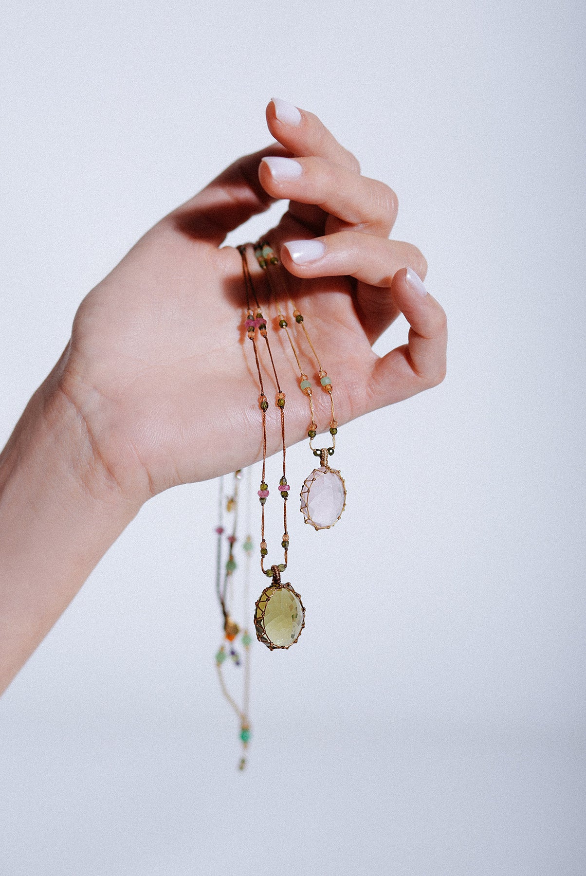 Short Tibetan Necklace - Rose Quartz - Mix Pink Tourmaline - Tobacco Thread