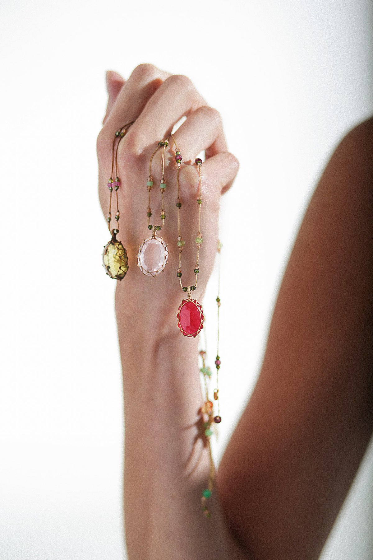 Tibetan Short Necklace - Rubellite - Mix Pink Tourmaline - Beige Thread