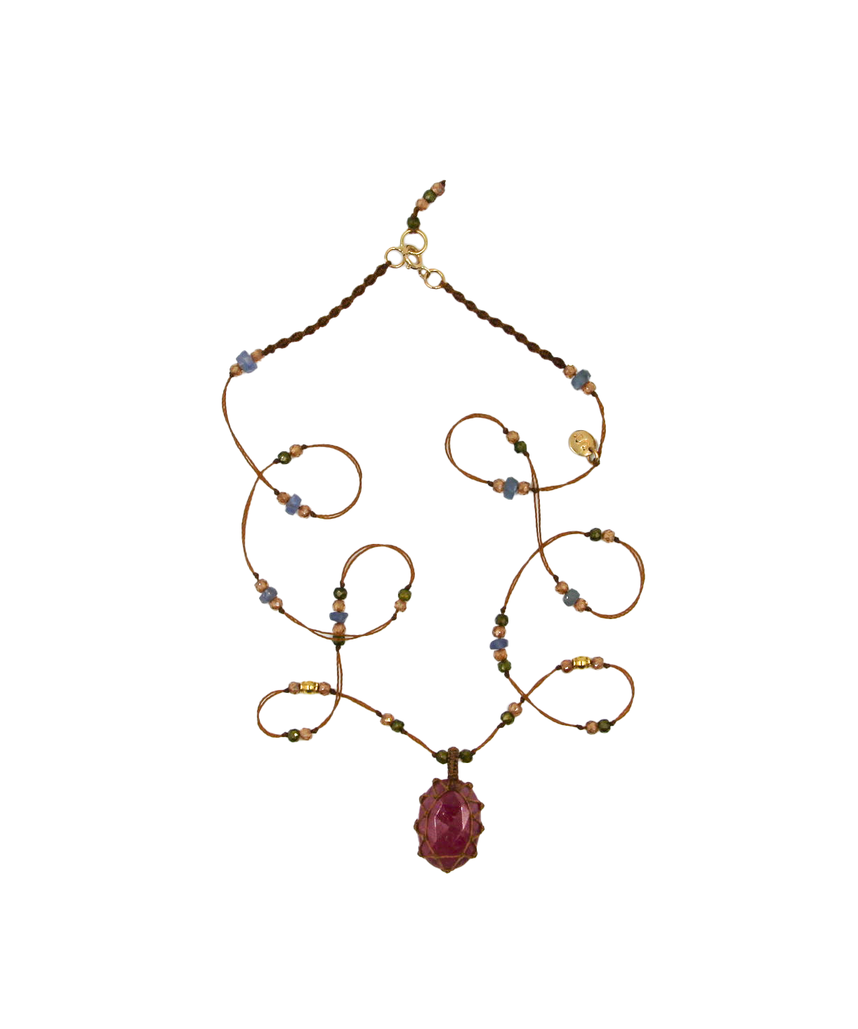 So Precious Short Tibetan Necklace - Pink Corundum - Mix Ruby - Beige Thread