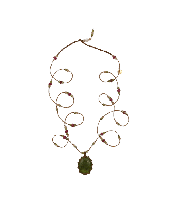 Sautoir Tibétain - Vésuvianite - Mix Tourmaline Rose - Fil Tabac