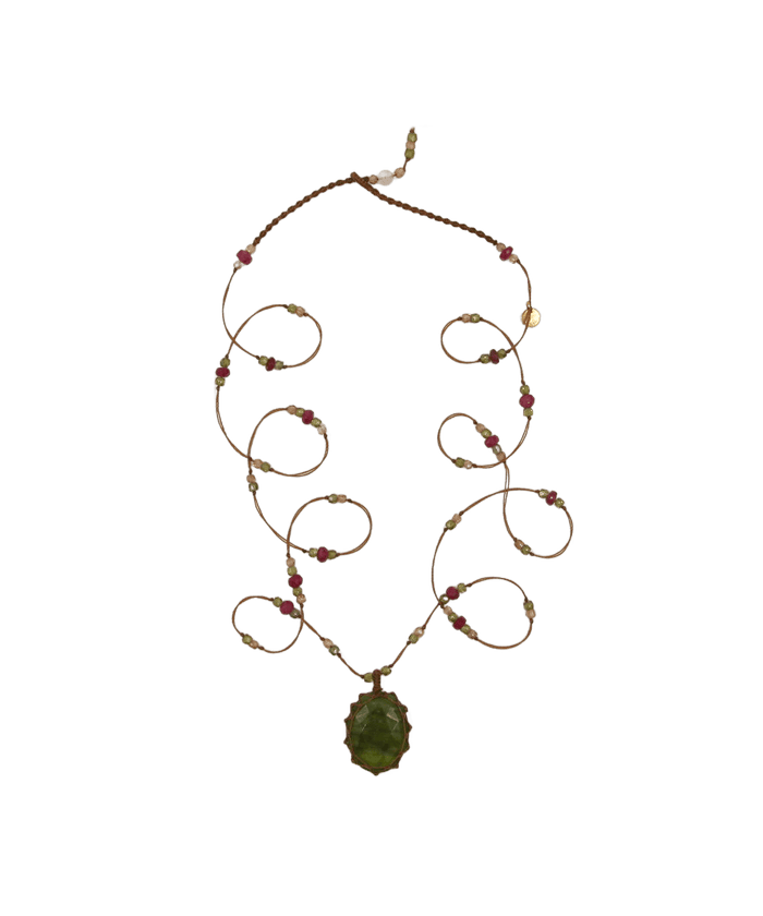 Sautoir Tibétain - Vésuvianite - Mix Tourmaline Rose - Fil Tabac