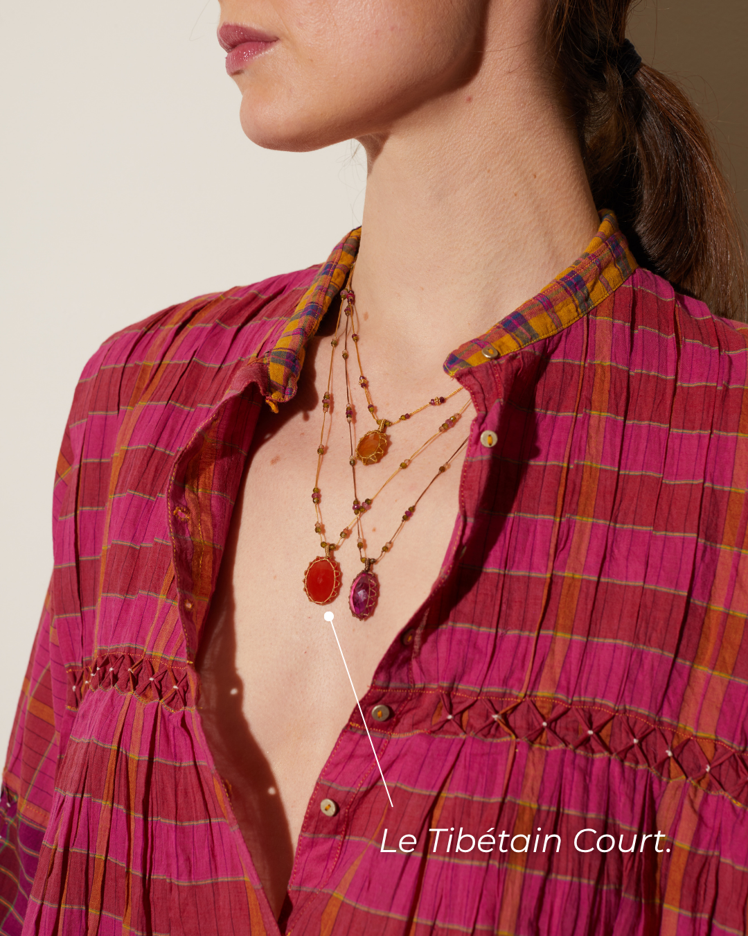 Collier Court Tibétain - Aigue Marine - Mix Tourmaline Rose - Fil Beige