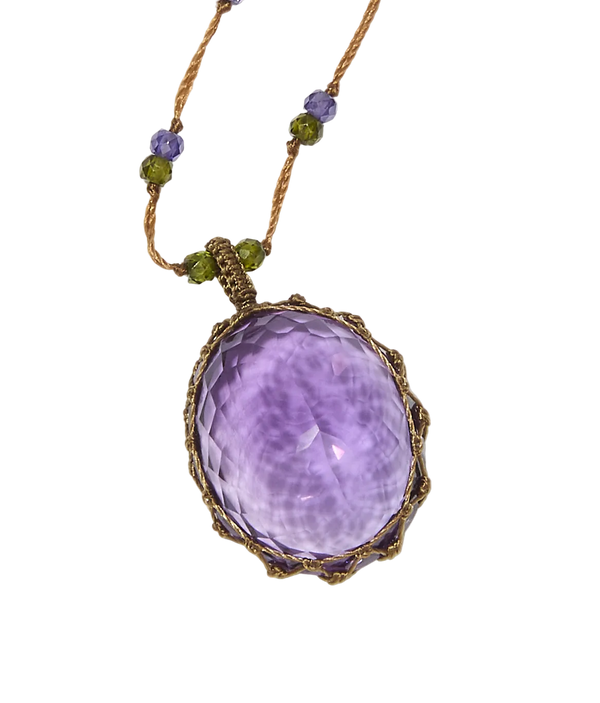 Short Tibetan Necklace - Dark Purple Amethyst - Tourmaline Mix - Tobacco Thread