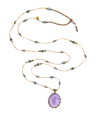 Collier Court Tibétain - Améthyste Violette - Mix Tsavorite Purple - Fil Tabac