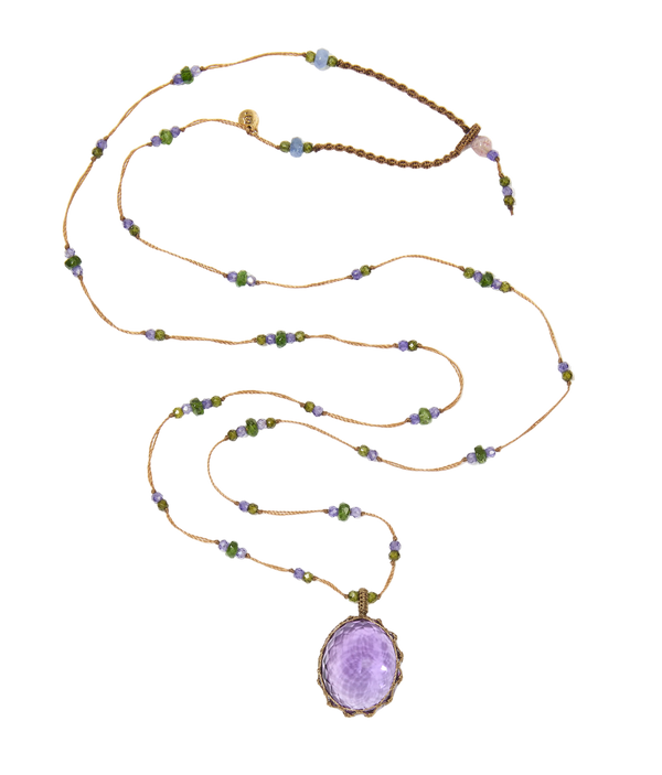 Short Tibetan Necklace - Dark Purple Amethyst - Tourmaline Mix - Tobacco Thread