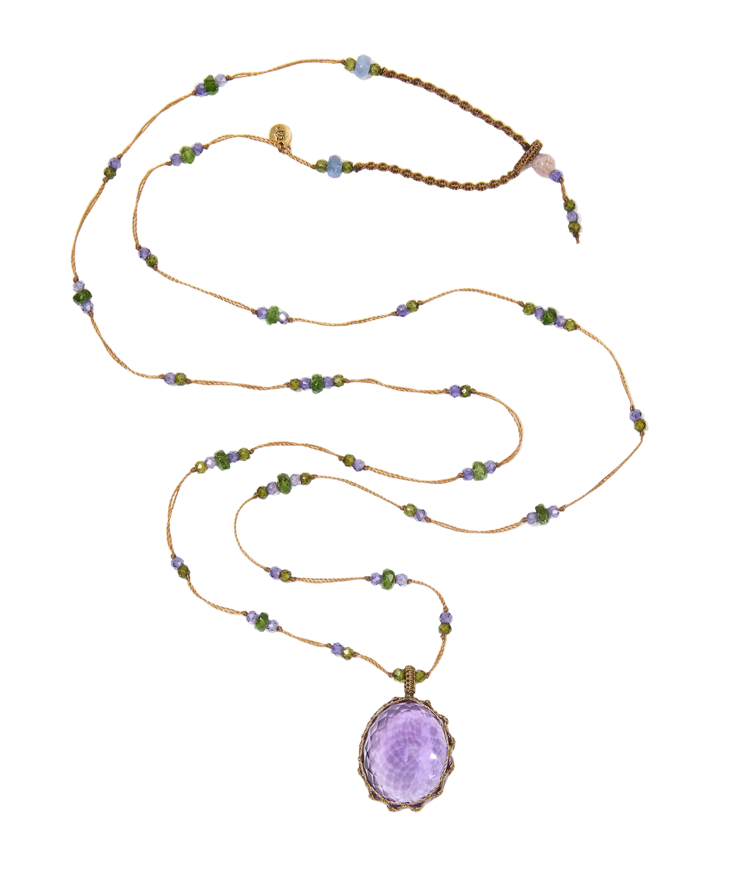Collana Corta Tibetana - Ametista Viola Scuro - Mix Tormalina - Filo Tabacco